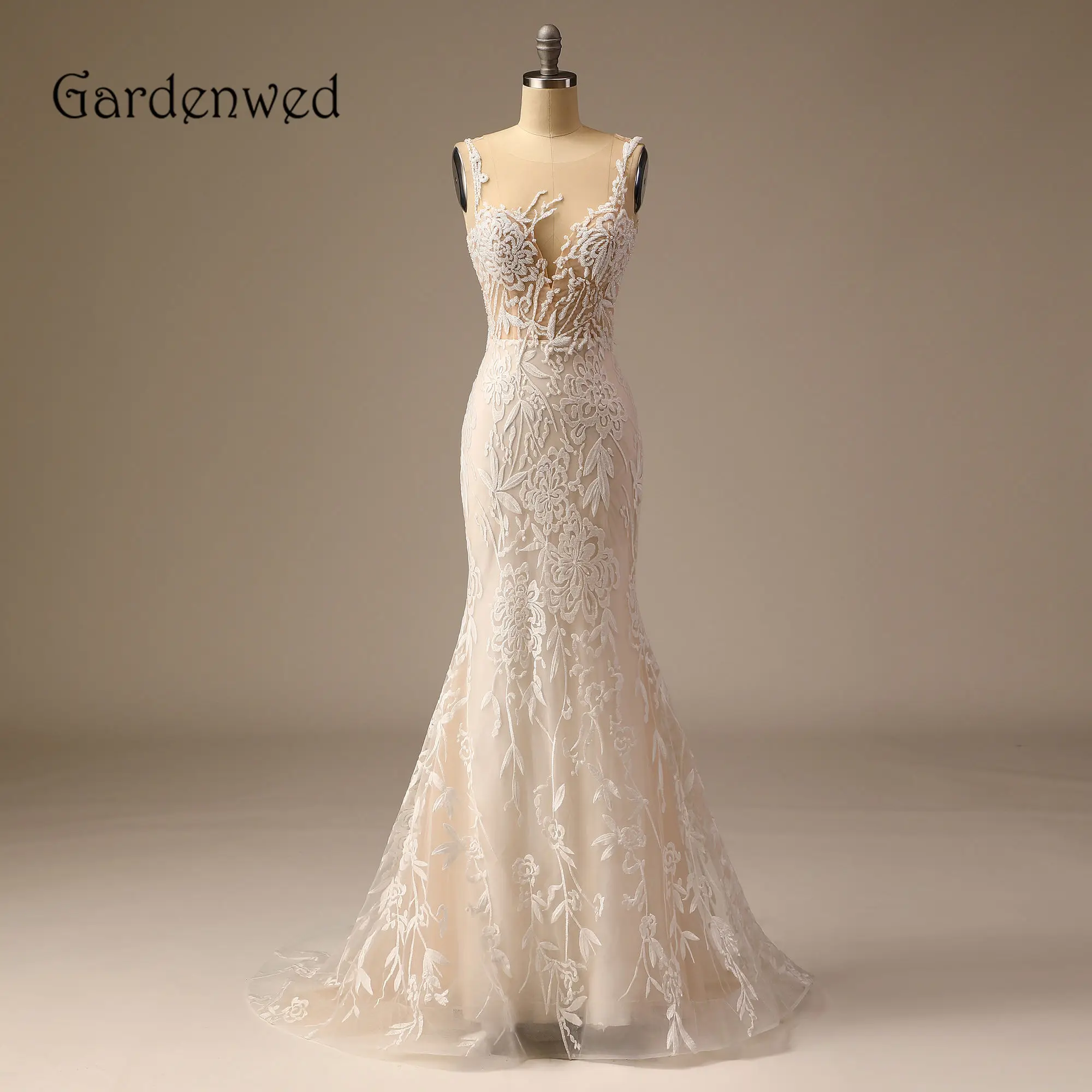 

Gardenwed Lace Mermaid Bridal Gowns Beading Sheer Neckline Fish Tail Sweep Train Wedding Dresses Illusion Back