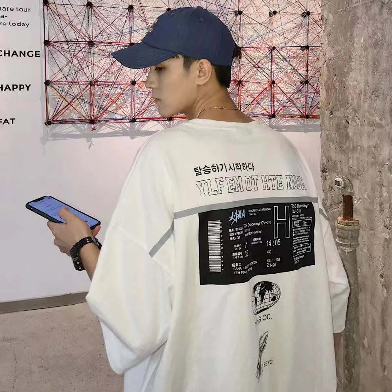 

Korean Version Of The Short-sleeved T-shirt Male Student Loose Tide Brand Hip Hop Port Wind Five-point Sleeve Handsome Students