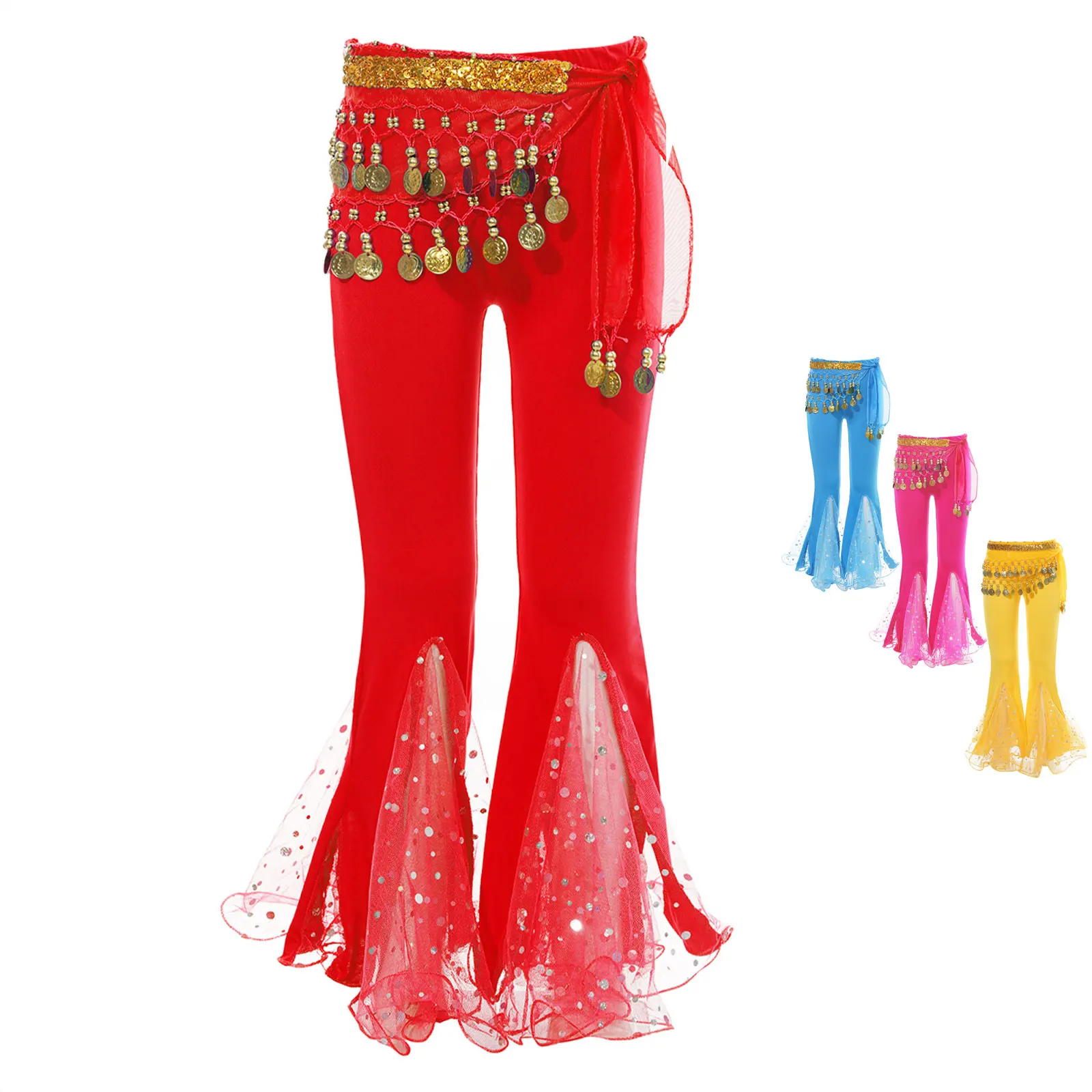 

Kids Girls Belly Dance Performance Outfit Sequined Dots Flared Pants+Beads Coins Tassels Waist Hip Scarf Minority Exotic Costume