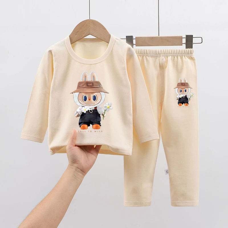 Labubu футболка с длинными рукавами и брюками модный детский пижамный костюм для