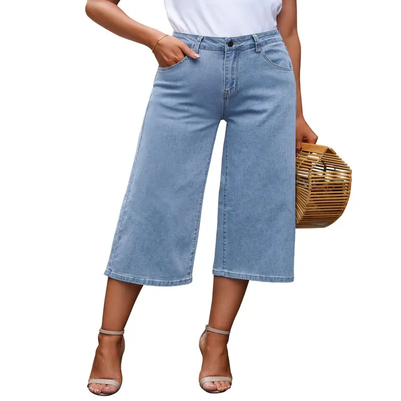 

Женские эластичные джинсовые укороченные брюки HMCN, повседневные джинсы-капри с широкими штанинами Roadknight, голубые, размер XL, 16, Размер 18