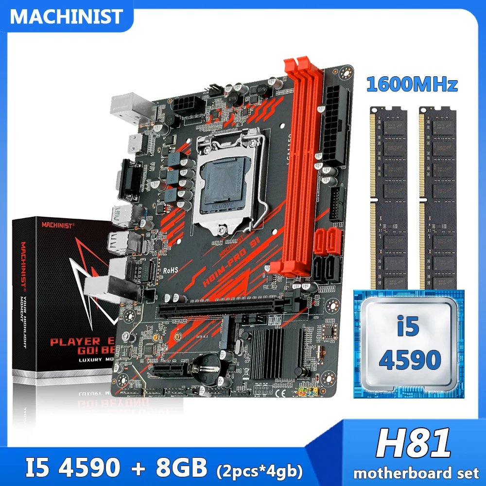 

Machinist H81 комплект материнской платы с процессором Intel Core I5 4590 LGA 1150 2 шт. x 4 ГБ = 8 Гб 1600 МГц DDR3 ОЗУ памяти