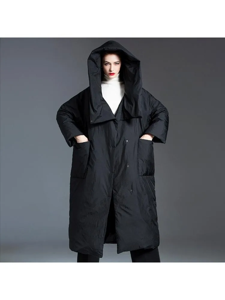 2022 Winter Korean Version Long Thicked Hooded 90 White Duck Down Coats Women High End Loose Black Warmer Bread Cloth Jackets