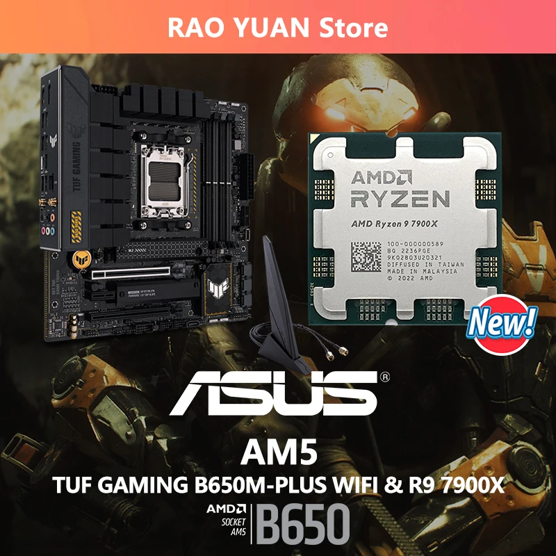

Комплект материнской платы AMD Ryzen 9 7900X R9 7900X + ASUS TUF GAMING B650M PLUS WIFI Micro-ATX B650, новый, без кулера
