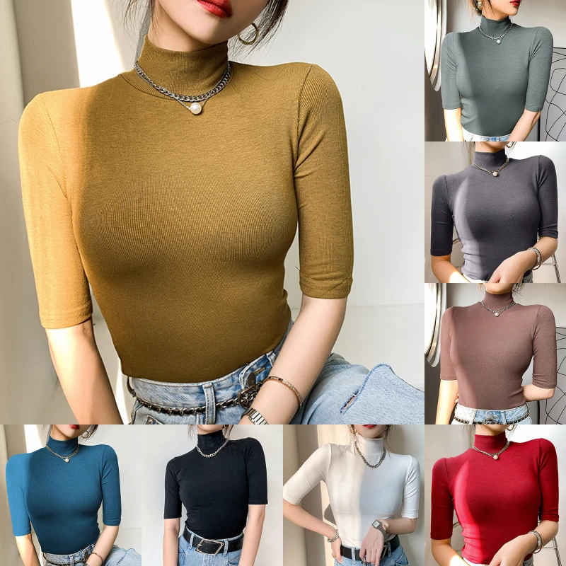 

Women Solid Basic T Shirt Retro Turtleneck Slim T-Shirt Short Sleeve T-Shirts Female Casual Elasticity Tee Shirt Ladies Tops New