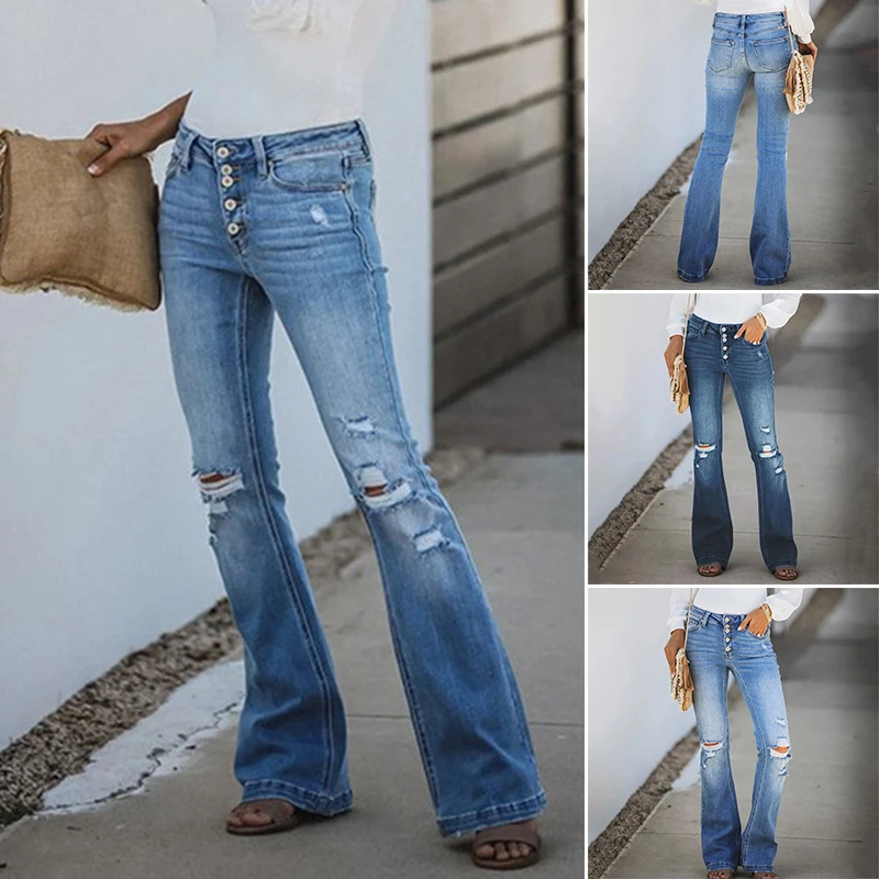 

Women's Jeans Wear Style Ripped Leg Boot-Cut Denim Pants Mid-Waist Bell Bottom Flare Pants XIN-Shipping