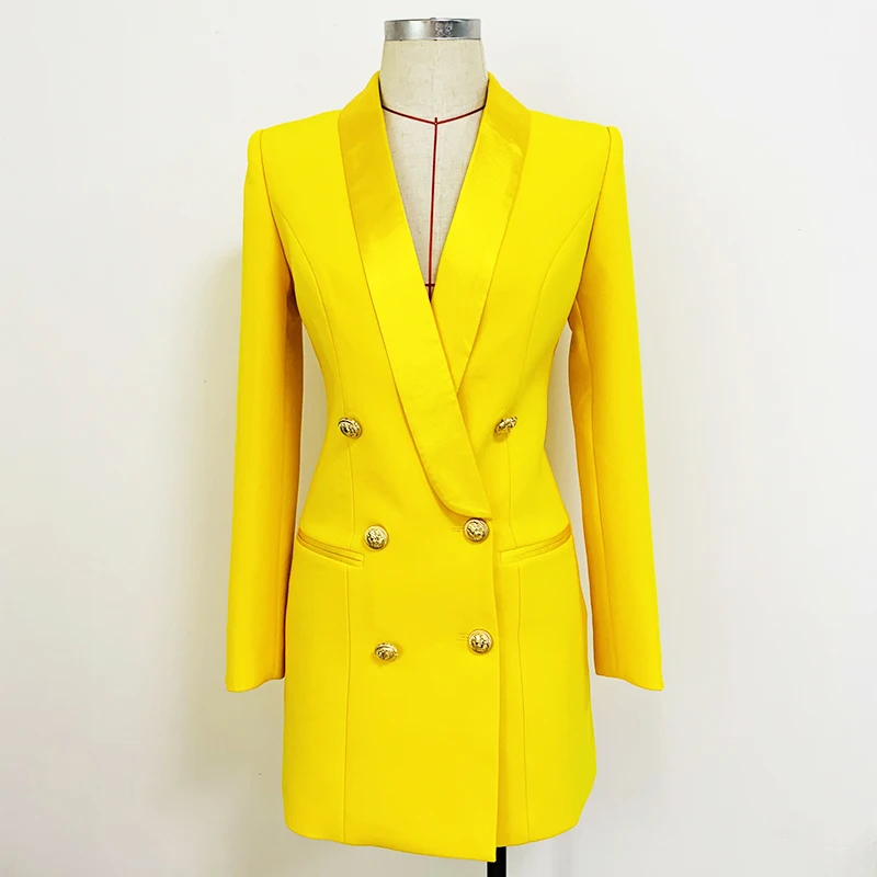 HIGH QUALITY Newest 2023 Designer Long Blazer Lion Buttons Double Breasted Satin Shawl Collar Blazer Dress Fluorescent Yellow