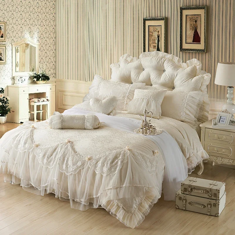 

Cotton Jacquard Lace Princess Bed set Luxury Wedding Bedding Sets Queen King size Bedlinen Sheet Boho Duvet Cover Set Bedclothes