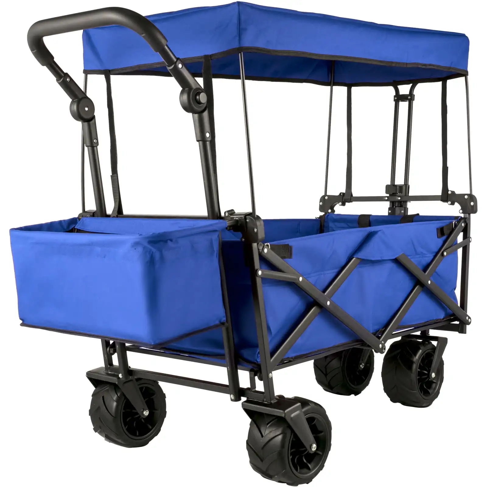 Collapsible Wagon Cart Blue, Foldable Wagon Cart Removable Canopy 600D Oxford Cloth, Collapsible Wagon Oversized Wheels,