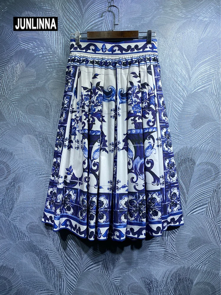 JUNLINNA100% Cotton Fashion Women Skirt Summer New Porcelain White & Blue Printed Half Dresses Party Holiday Casual