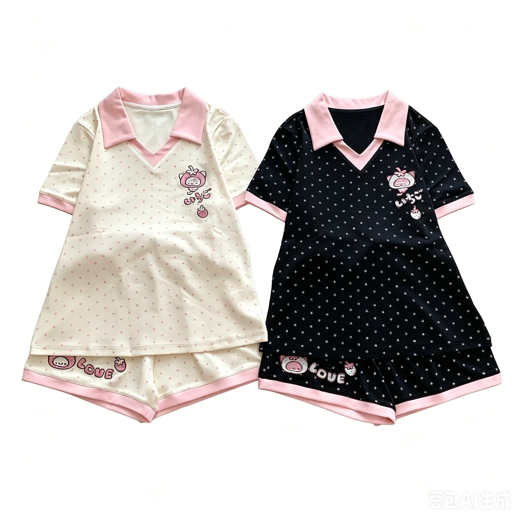 Фото Пижамный комплект Sweet Fairy Kawaii с клубничной вышивкой, топ с V-образным вырезом и воротником-поло, короткий рукав и шорты, комплект из 2 предметов №3