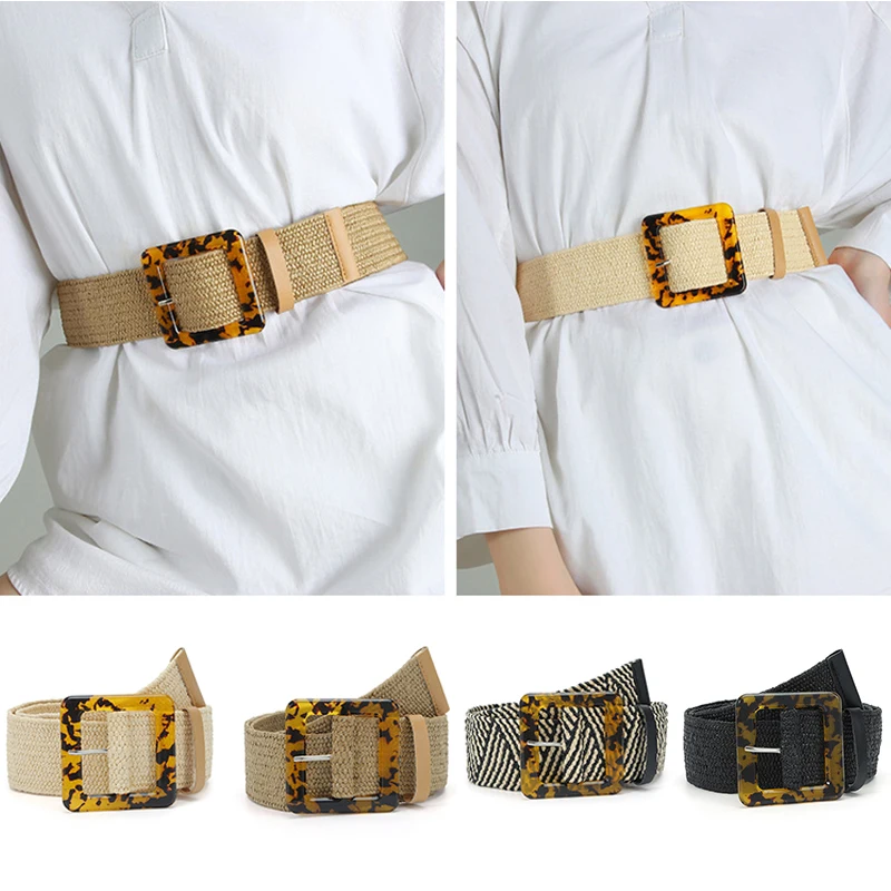 

PP Straw Knitted Belt Beach Dress Shirt Waistbands Square Leopard Resin Buckle Waist Seal Bohemian Ultra Wide Belt Vintage Wild