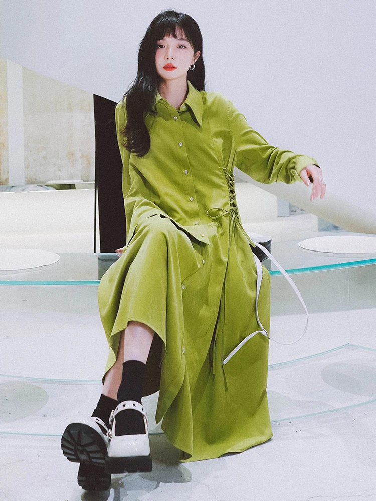 

Fashion Fake 2PCS Splice Green Shirt Dress 2022 Spring Autumn Women Elegant Korean Style Long Sleeve Lace-up Loose Dresses 2202
