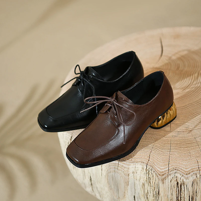 

2022 Women's pumps natural leather 22-24.5cm cowhide upper Full leather Metal round heel square toe lace-up shoes womens shoes