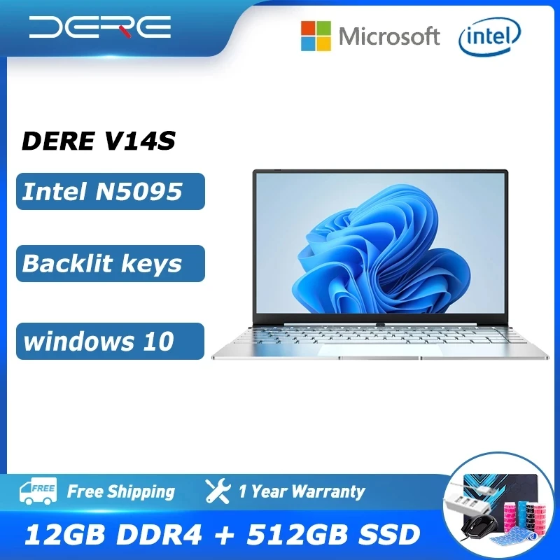 

Dere Laptop V14S 14.1 inch ，16GB RAM 1TB SSD， Intel Celeron N5095 ，Business Office Learning Laptop Computer ，Windows 10 Notebook