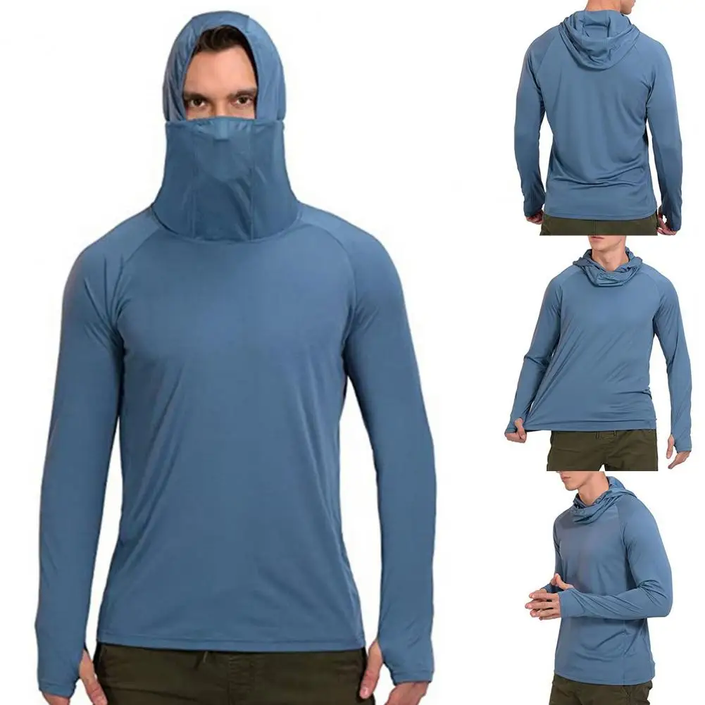 

Fishing Shirt Solid Color Hooded Men Thin Outdoor Shirt Lightweight Stretchy Thumb Hole Top for Outdoor Hiking Climbing Cycling