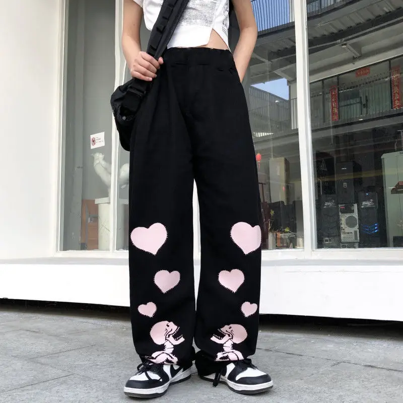 

Heart Wide Leg Pants Women Streetwear Korean Fashion Skull Trousers Loose Baggy Sweatpants 2022 Autumn Casual Kawaii