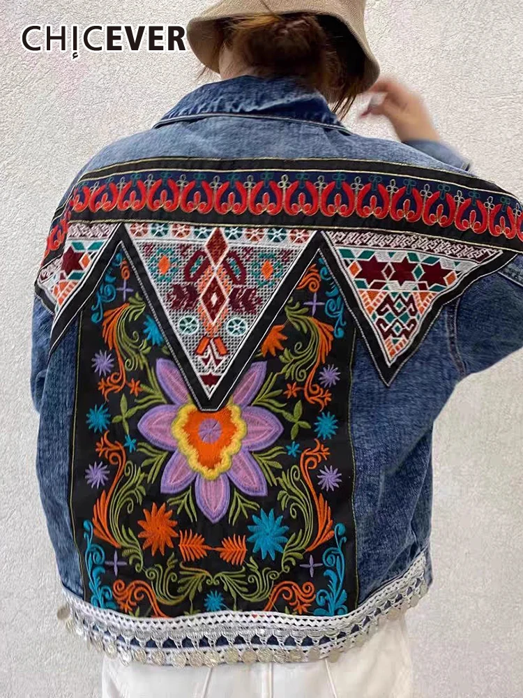 

CHICEVER Printing Embroidery Denim Coats For Women Lapel Long Sleeve Single Breasted Spliced Pockets Hit Color Jackets Female