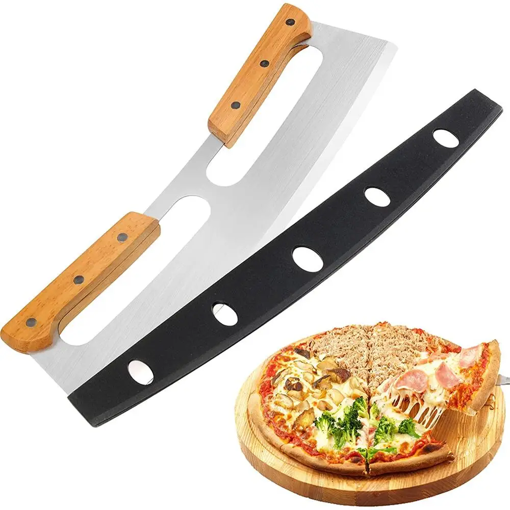 Pizza Cutter Rocker Blade Stainless Steel Sharp Big Knife Kitchen Baking Tool Pastry Pasta Dough Slicer Wheel With Wooden Handle