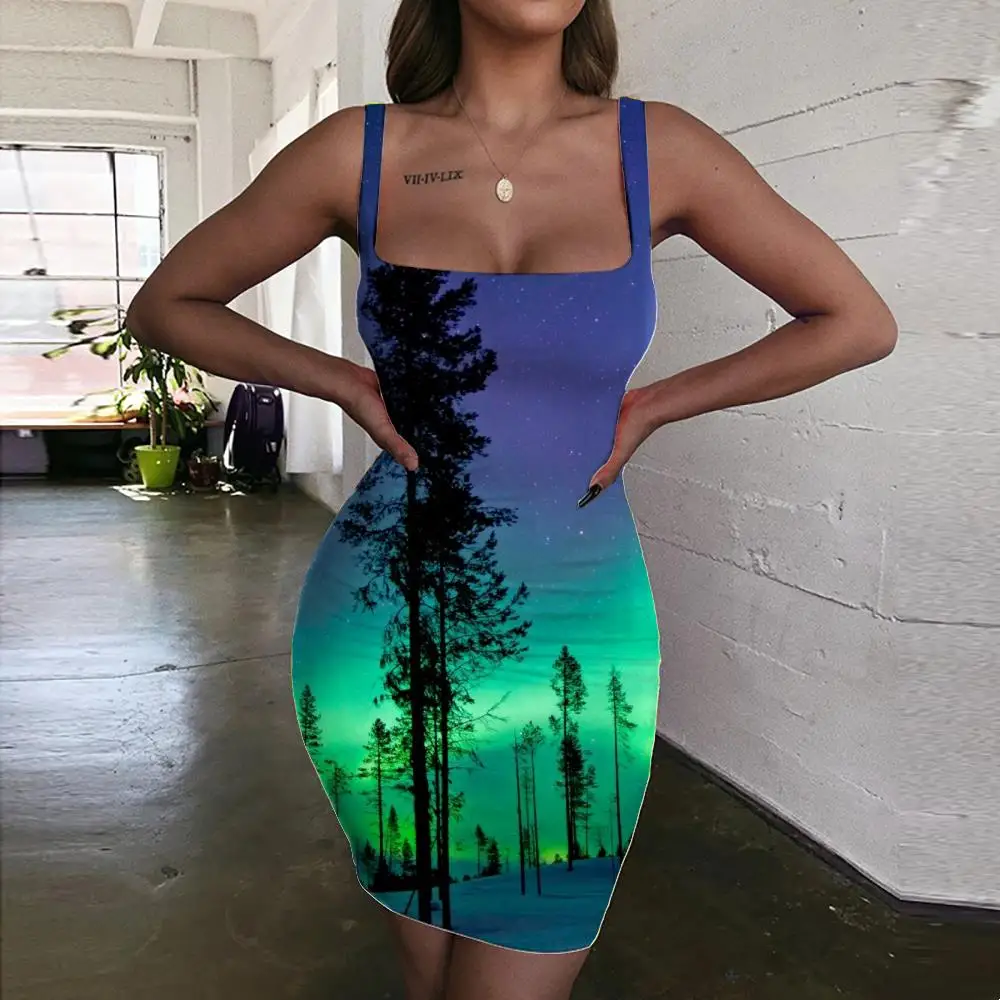 

Женское платье с северным светом KYKU, черное облегающее платье с коротким рукавом