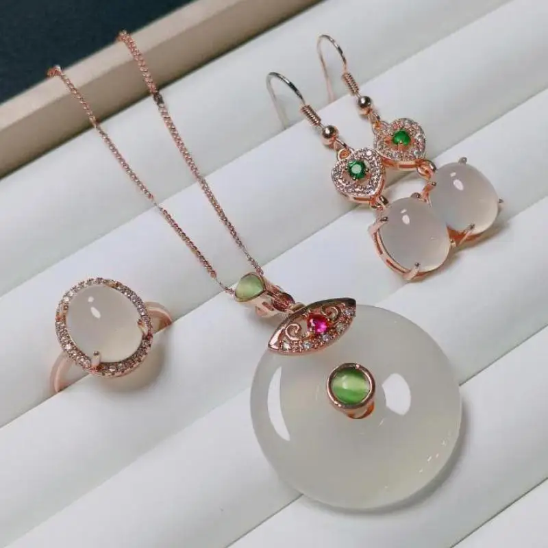 

Natural White Jade Jewelry Set Women Genuine Myanmar Jadeite Donut Pendant Necklace Heart Earrings Rings Jades Jewelries Sets