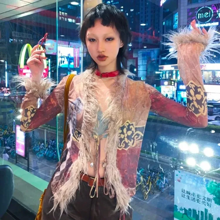 Рубашка с кисточками Y2k эстетичные сетчатые топы японские блузки в стиле