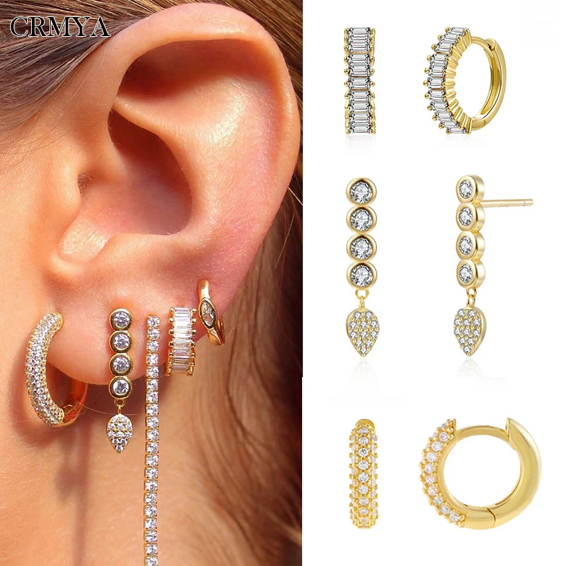 

CRMYA Gold Plated Hoop Drop Earrings For Women Trend Cubic Zirconia Piercing Girl's Earring Set 2022 Jewelry Wholesale