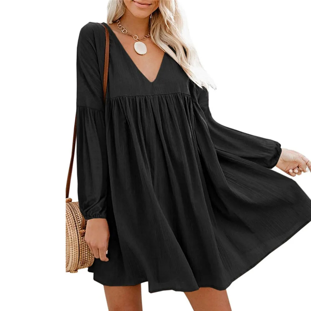 

Autumn Casual Oversize Hem Mini Dress 2021 Woman Black Long Sleeve Sexy V-neck Draped Dresses Woman Fashion Loose Party Dress