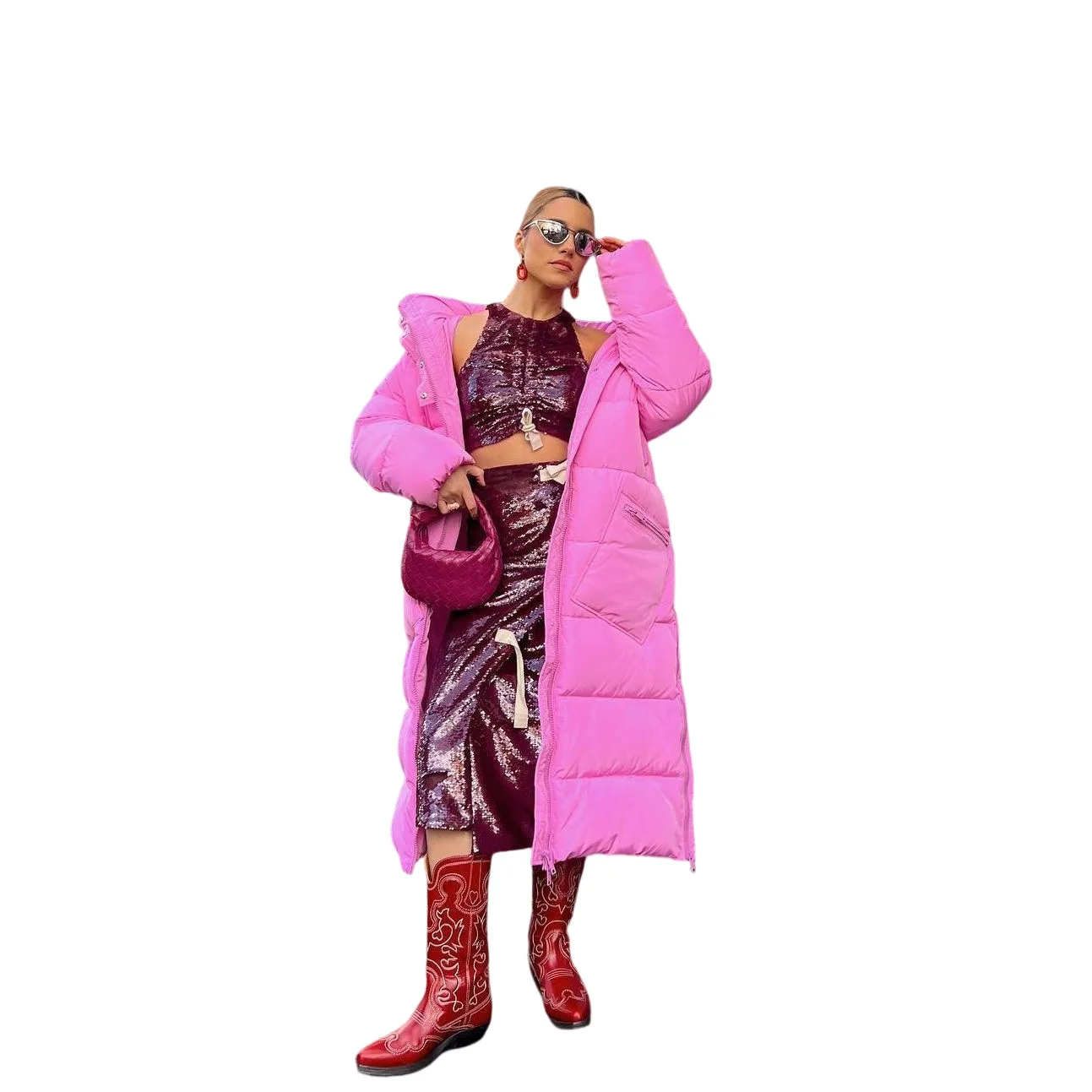 Fashion Lapel Pink Simple Pockets Long-Sleeved Jacket Women with Warm Fashion Loose Long Cotton Clothing
