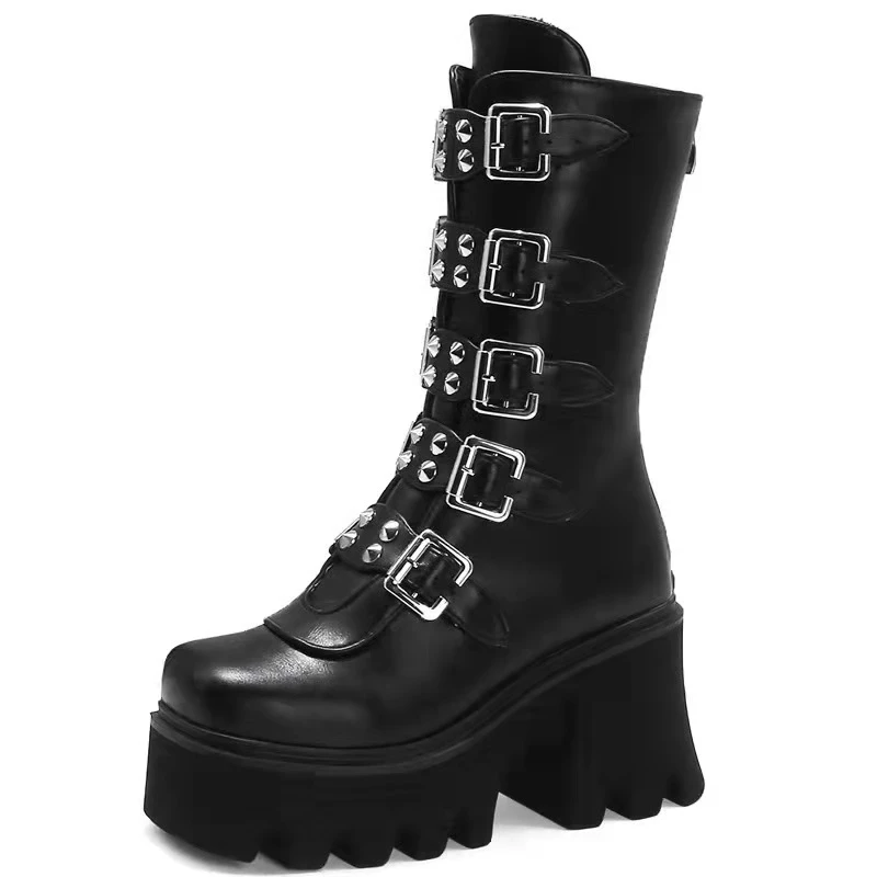 

2023 New women shoes punk rock platform high-heeled boots with thick-soled platform handsome rear zipper large size stage boots
