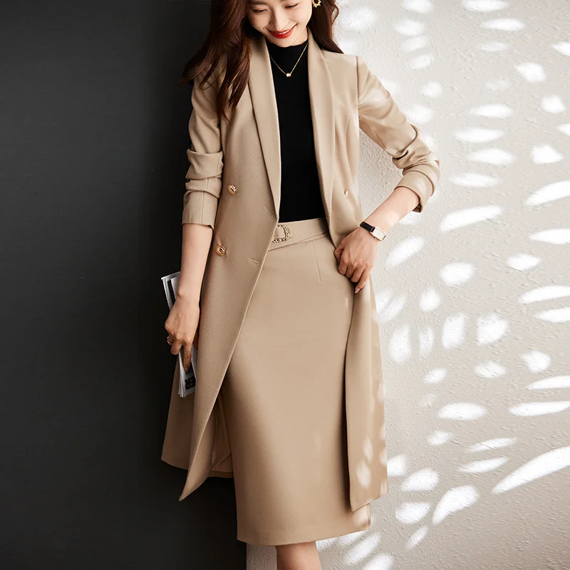 2022Autumn Winter  Korean Women Trench Blazer Coat  Elegant Double Breasted Lengthened Jacket Lapel Windbreaker（Excluding Skirt）