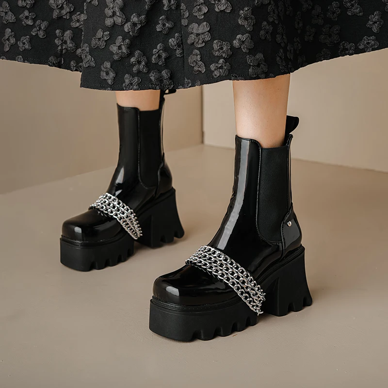 Женские ботинки челси на высокой платформе квадратный носок украшенные