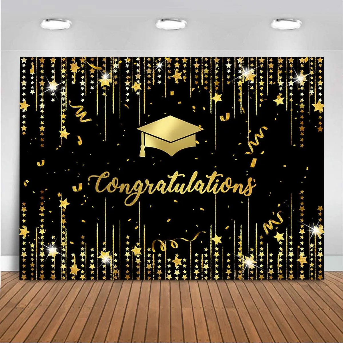 

Congrats Graduation Backdrop Class of 2021 Photography Background Vinyl Black and Golden Bachelor Cap Ribbon Celebration Party