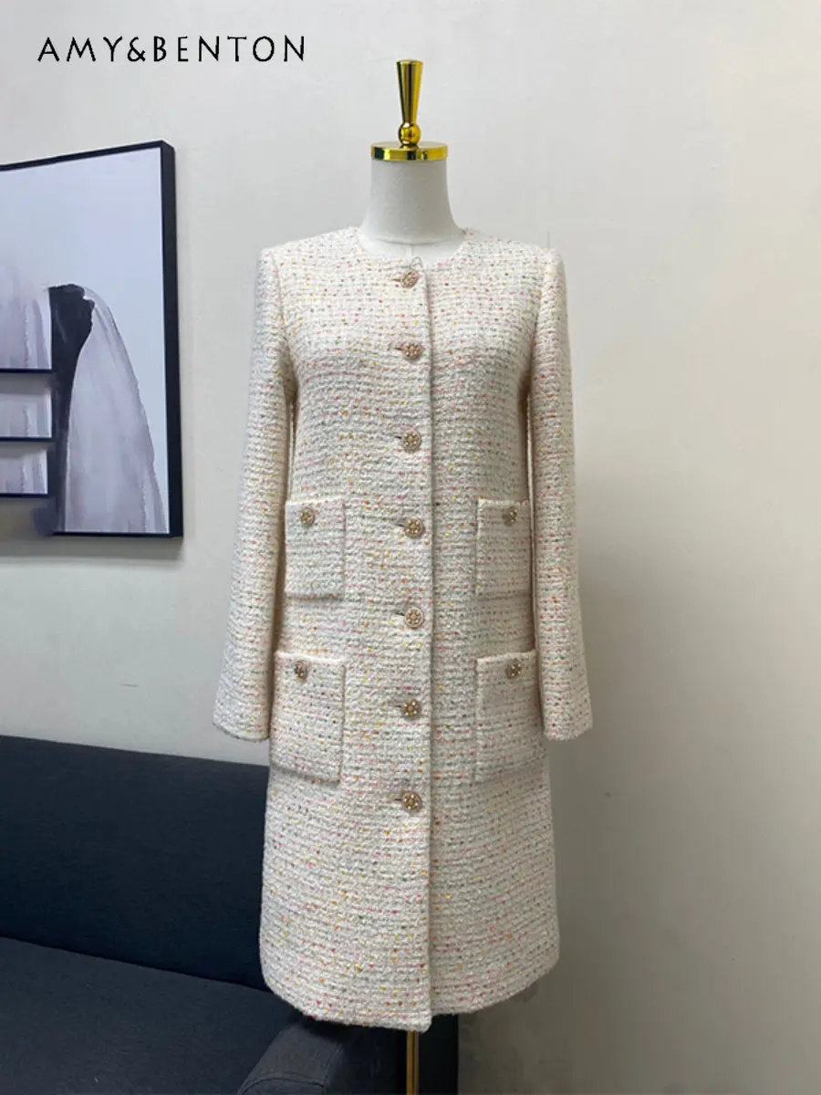 

2023 Autumn Winter New Korean Style Versatile Temperament Long-Sleeved Woolen Coat Long-Cut Coat Round Neck Clothes for Women