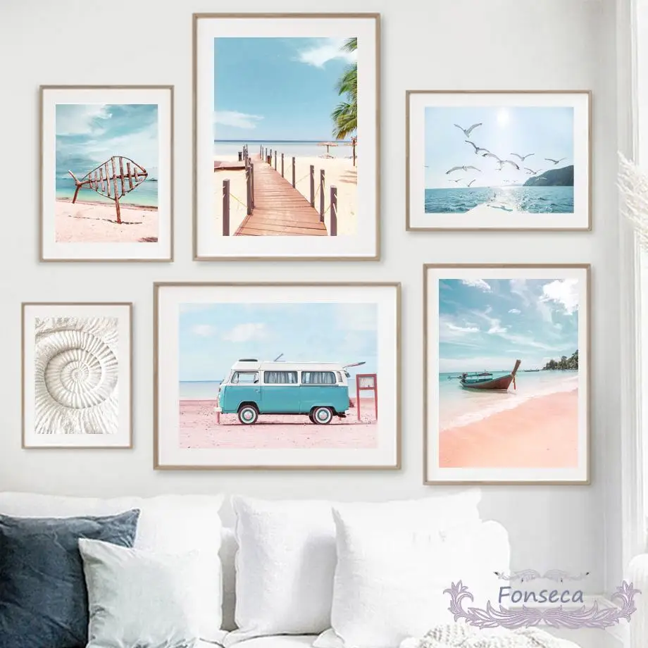 

Яркий солнечный пляж пейзаж холст картина зонтик Чайка Пляж Морская звезда синий автобус плакаты и принты настенные художественные картин...