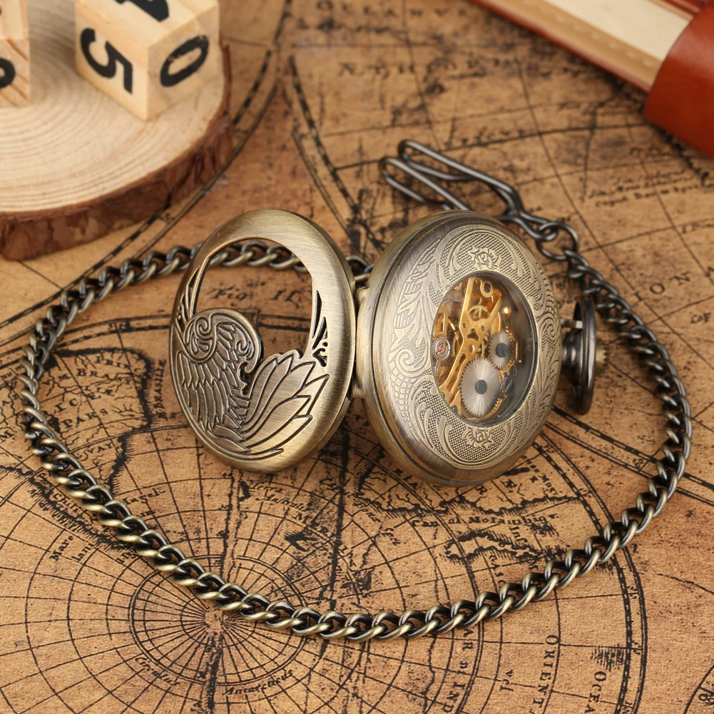 Bronze Half Wing Display Mechanical Pocket Watch Roman Numerals Dial Vintage Fob Chain Pendant Men Clock Hand Winding Timepiece