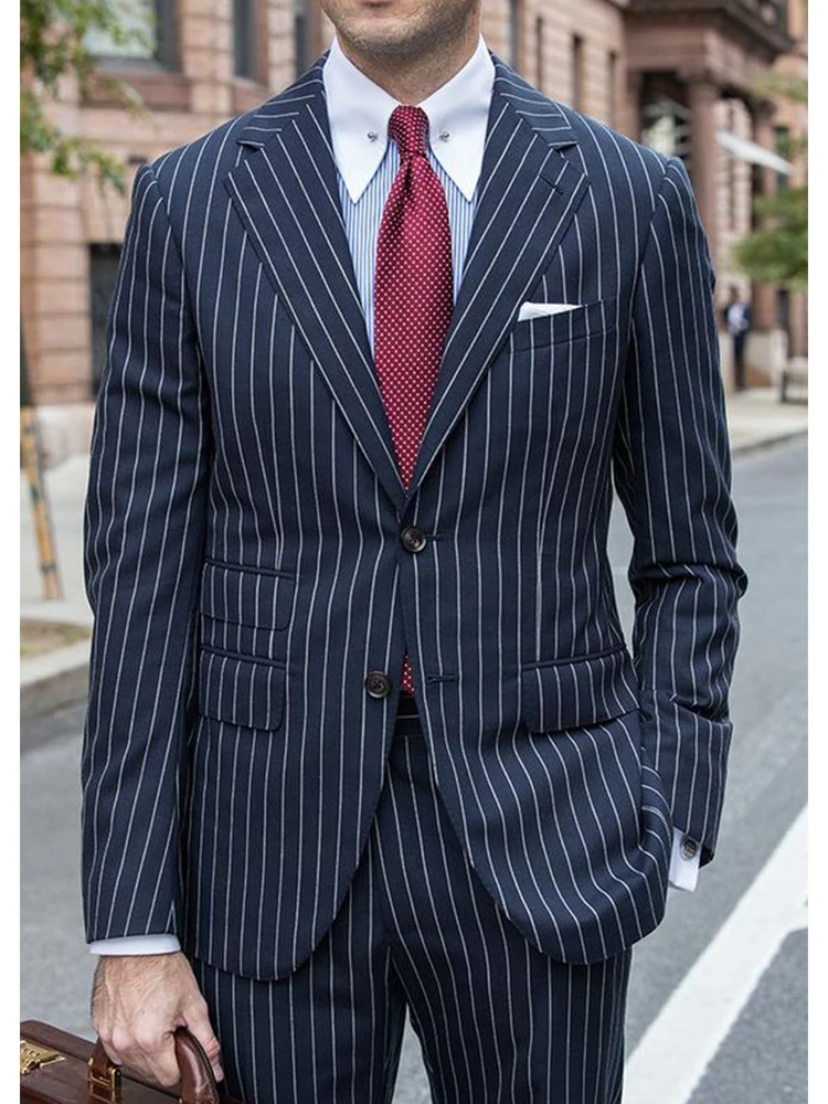 Men's Suits Classic Striped Single Breasted Business Formal Custom Tailored Comfort Two Piece Blazer Masculino