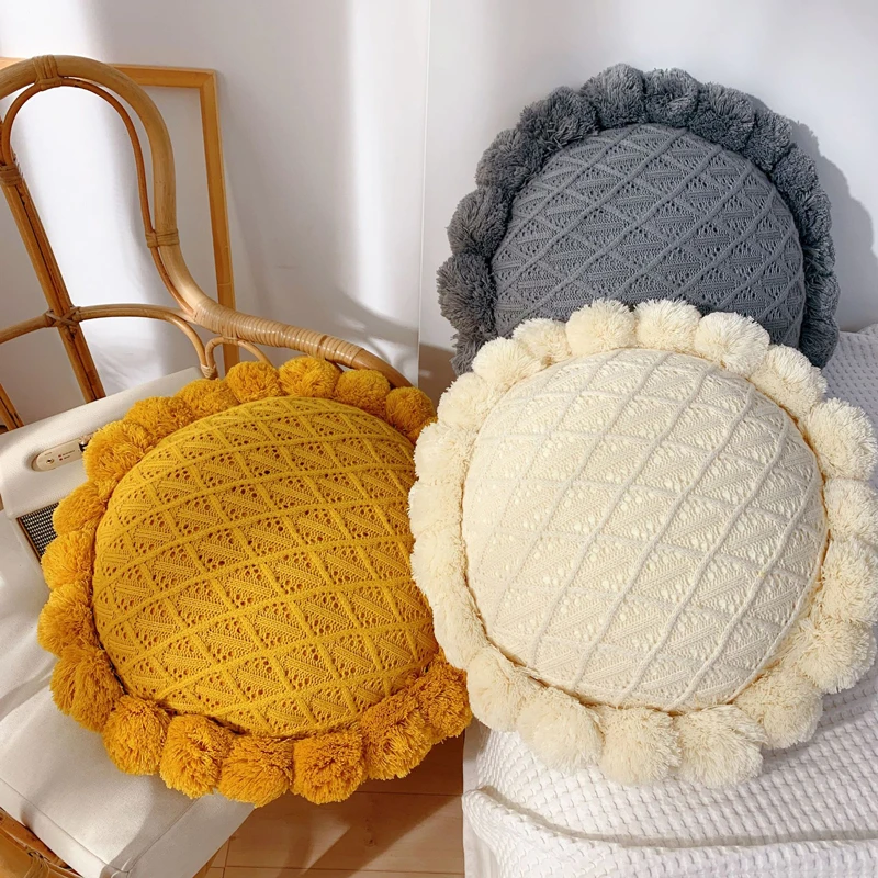

Round Boho Pillow Yoga Knitted Throw Pillowcase with Textured Poms&Fillings Pouf Mandala Floor Cushion for Couch Sofa Bed TJ7135