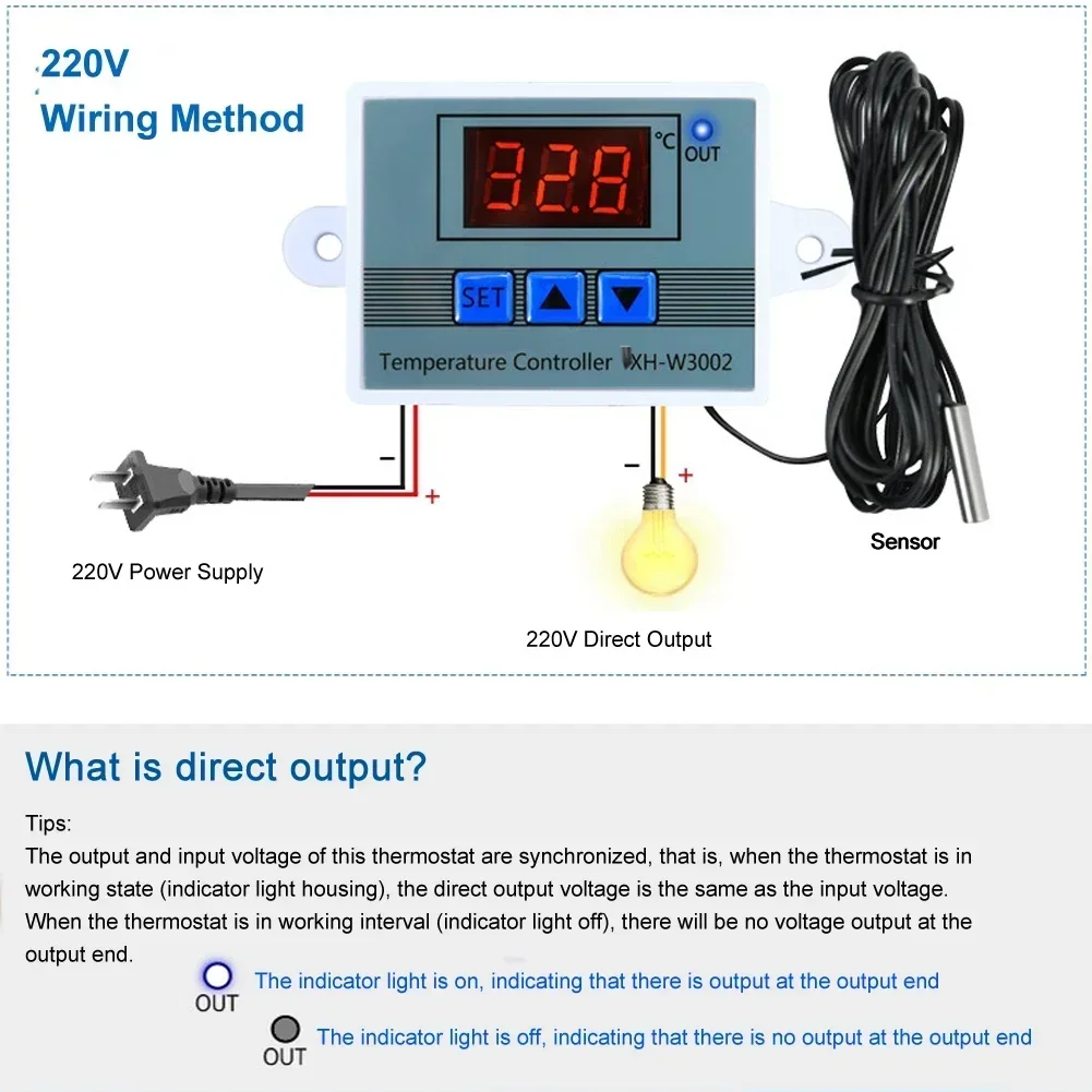 XH-W3002 Контроллер температуры AC110V-220V DC12V/24V Светодиодный термостат с цифровым