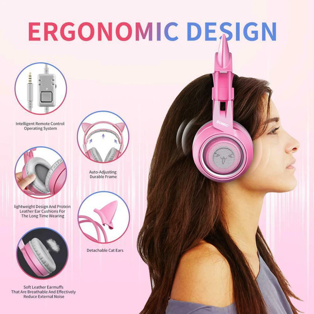 

Wired Headset Gamer Pink Cat Ear Headset Cute PS4 Phone PC With Microphone 3.5mm Gaming Phone PS4 Overear Gamer G951s Pink
