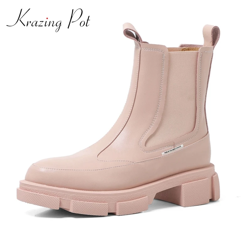 

Krazing Pot New Full Grain Leather Med Heels Round Toe Chelsea Boots Vintage Mature Casual Warm Winter Shoes Slip on Ankle Boots