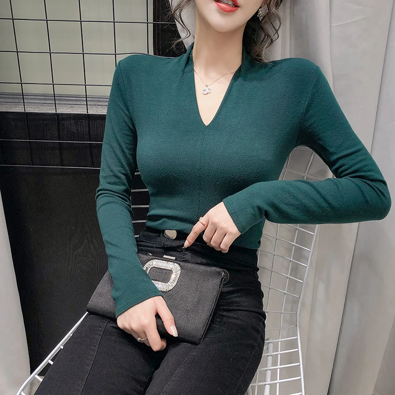 Купи Womens Long Sleeve T Shirts for Korean Fashion Trends Sexy V Neck Office Ladies Clothing Teenage Skinny Pullover Tops Streetwear за 823 рублей в магазине AliExpress