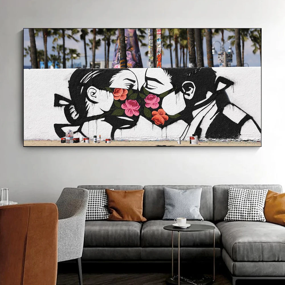 

Graffiti Street Couple on The Wall Art Poster Banksy Lover Canvas Painting Prints Modern Wall Picture for Living Room Home Decor