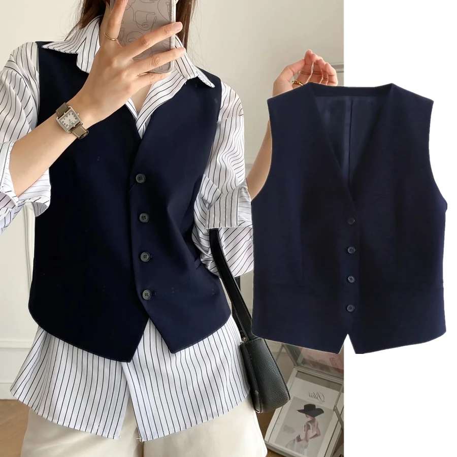 

Dave&Di 2023 Casual Vest Short England Style Office Lady Fashion Simple Solid Navy Color Single Breasted Sleeveless Blazers Tops