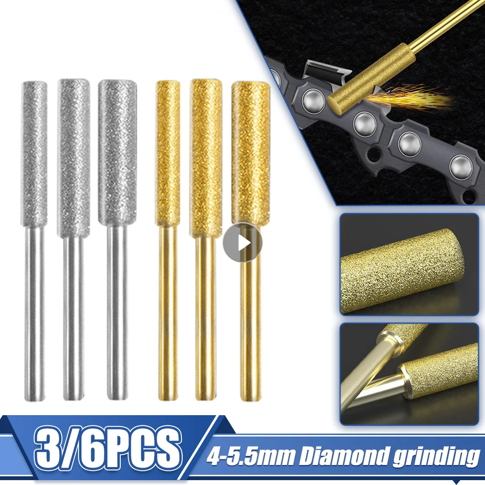 

3/6Pcs Gold Diamond Coated Cylindrical Burr 4-5.5mm Chainsaw Sharpener Stone File Chain Saw Sharpening Carving Grinding Tools