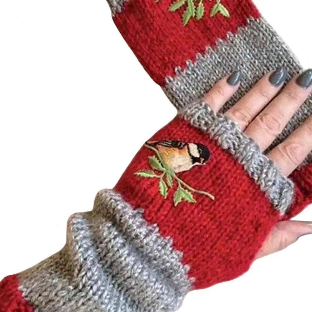 

Women Autumn Winter Bird Embroidered Gloves Knit Fingerless Color Block Mitten