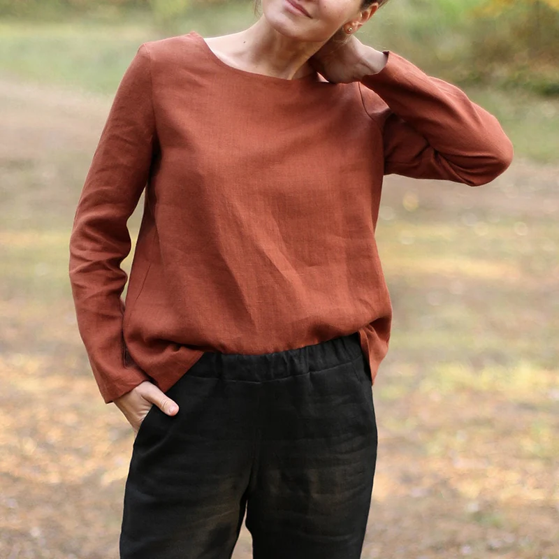 

Basic Cotton And Linen Long-Sleeve Bottoming Shirt Women Autumn New Solid Color Round Neck Tops Casual Loose T-Shirts