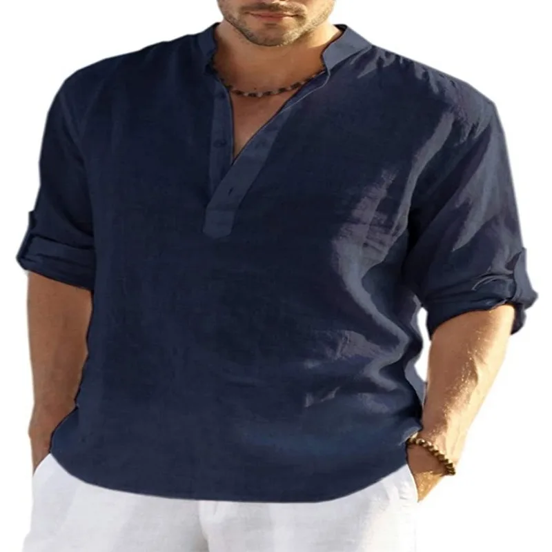 Summer Cotton Linen Men Shirts 2022 New Casual Loose Long Sleeve Stand Collar Tops Blouse Solid Button V-Neck Male Shirts Tops