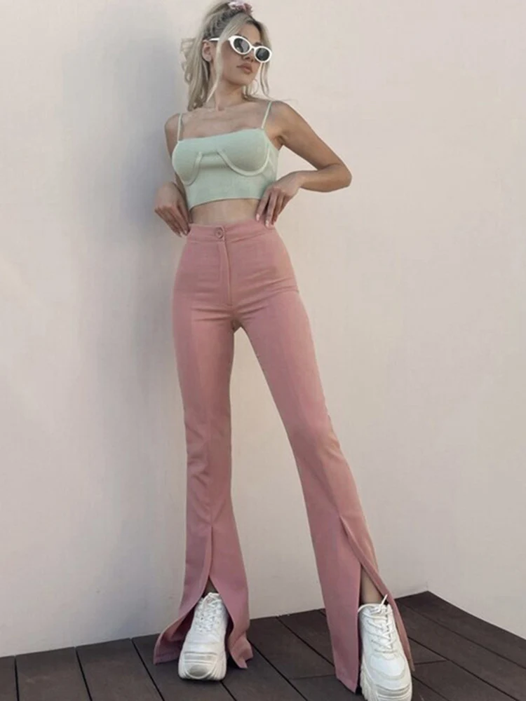 

Женские брюки-клеш с высокой талией, повседневные облегающие брюки с разрезом спереди, Летние Элегантные Простые брюки, 2023