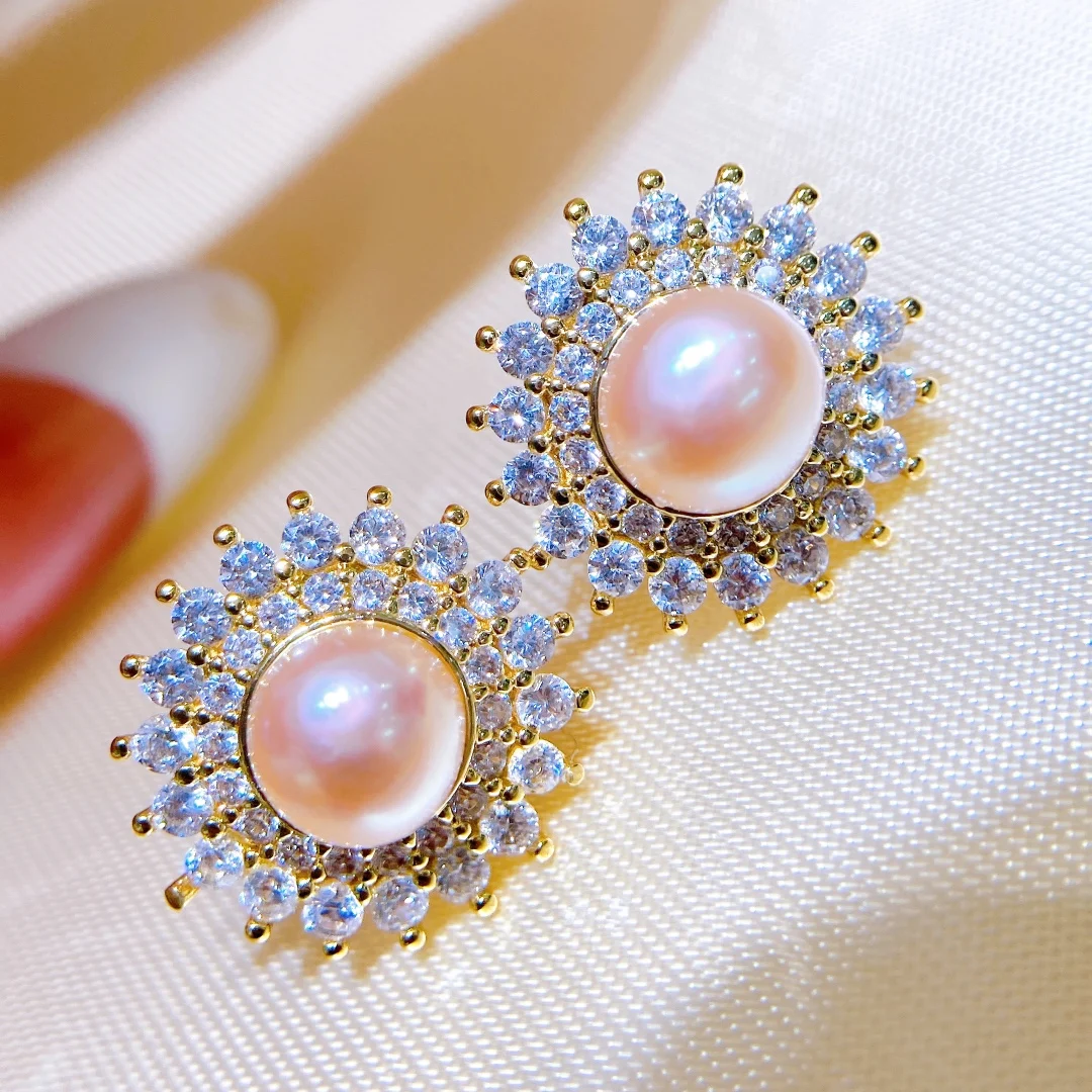 

Sunflower Pearl Stud Earrings Top Quality Zircon Natural Freshwater Pearl Jewelry Gifts